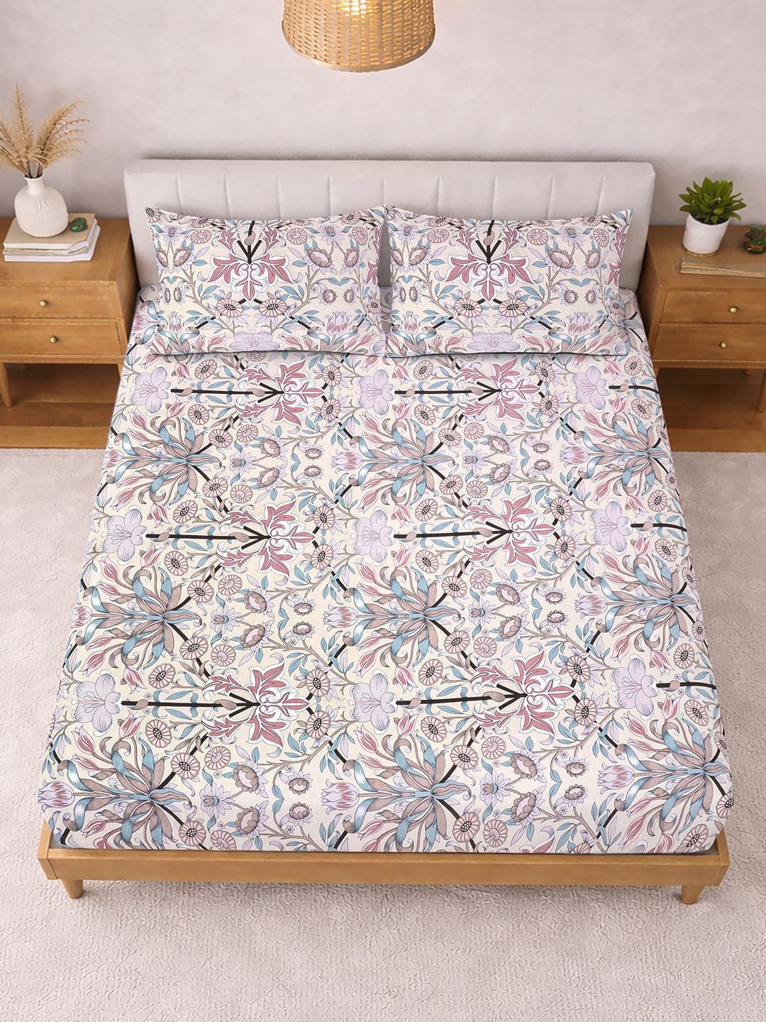 KLOTTHE Grey Floral Printed Dilengkapi 400TC Cotton Blend Cadar Super King & 2 Sarung Bantal