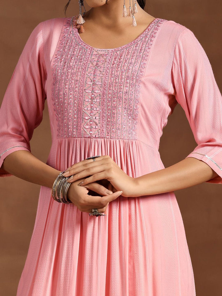 Libas Floral Yoke Design Mirror Work Pleated A-Line Kurta