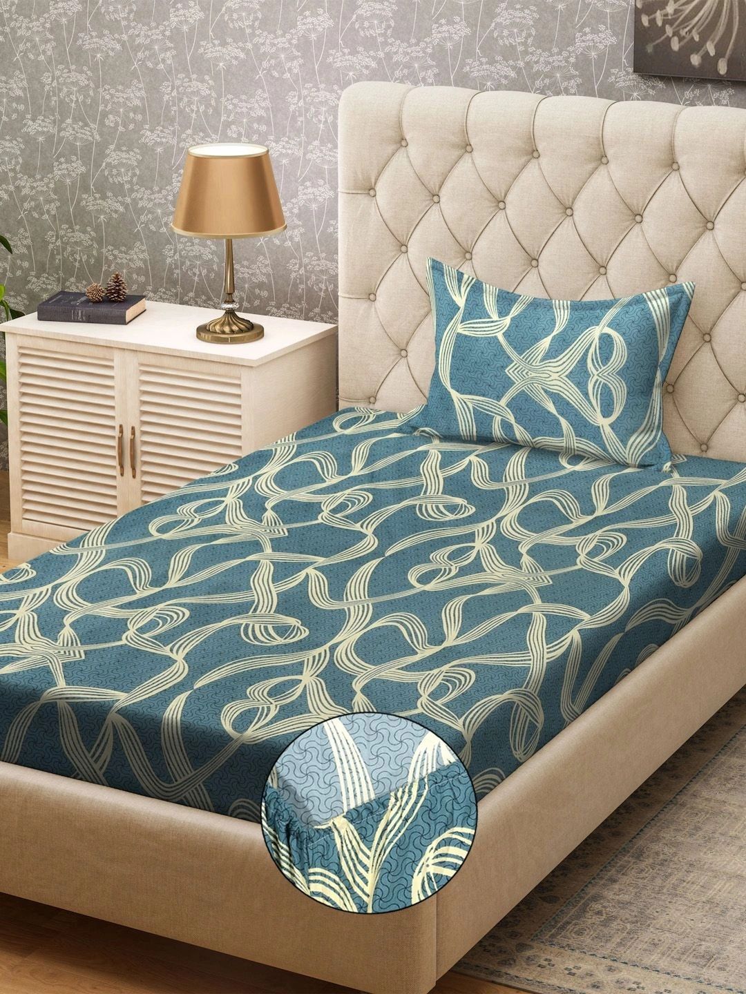 Myntra Elegant Homes Biru & Kuning 300 TC Cadar Tempat Tidur Single dengan 1 Sarung Bantal