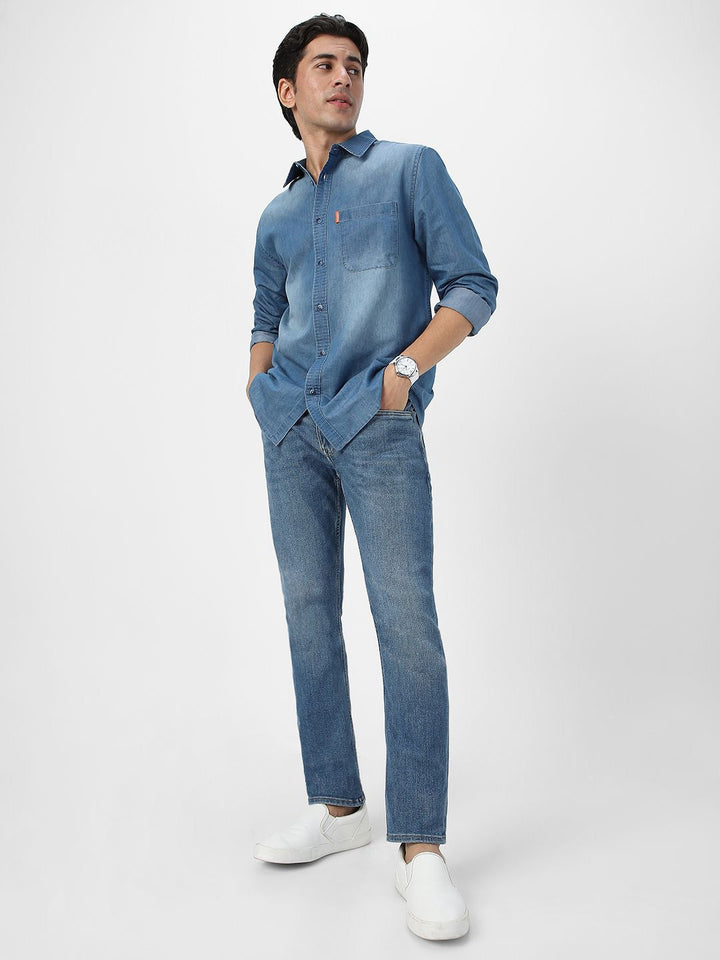 Urbano Fashion Men Spread Collar Solid Denim Casual Shirt
