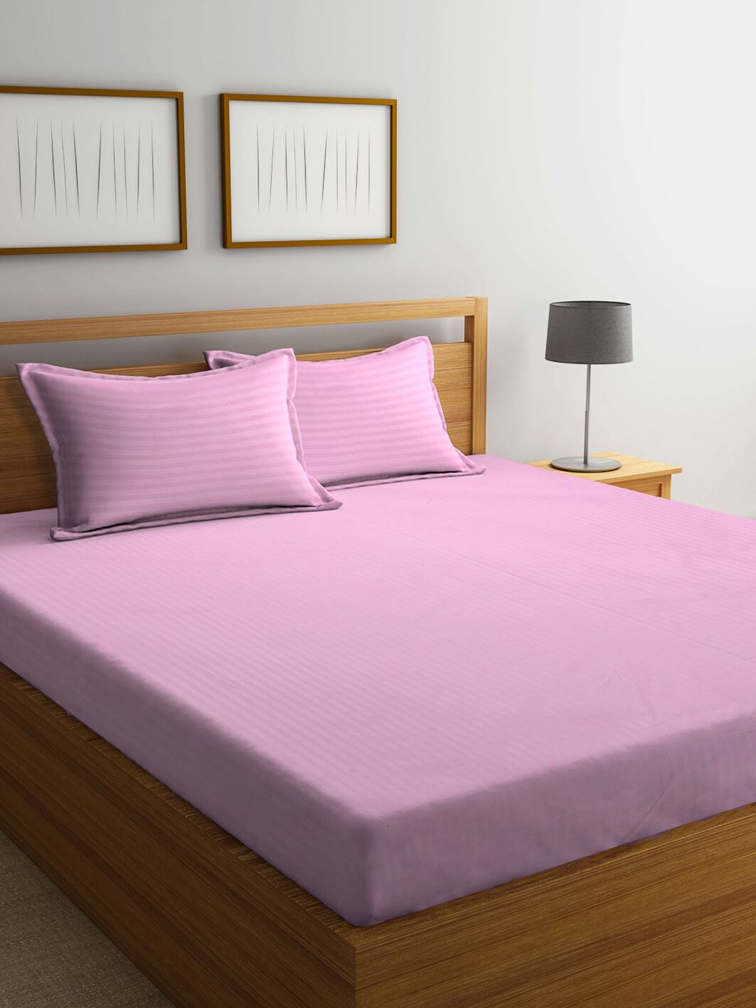 KLOTTHE Kapas Berjalur Merah Jambu 300 TC Cadar King Halus Dipasang dengan 2 Sarung Bantal-98 x 89 inci