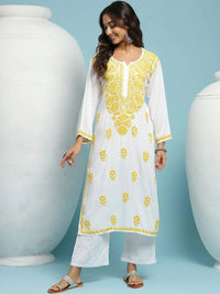 House of Chikankari Solid White Floral Embroidered Cotton Kurta