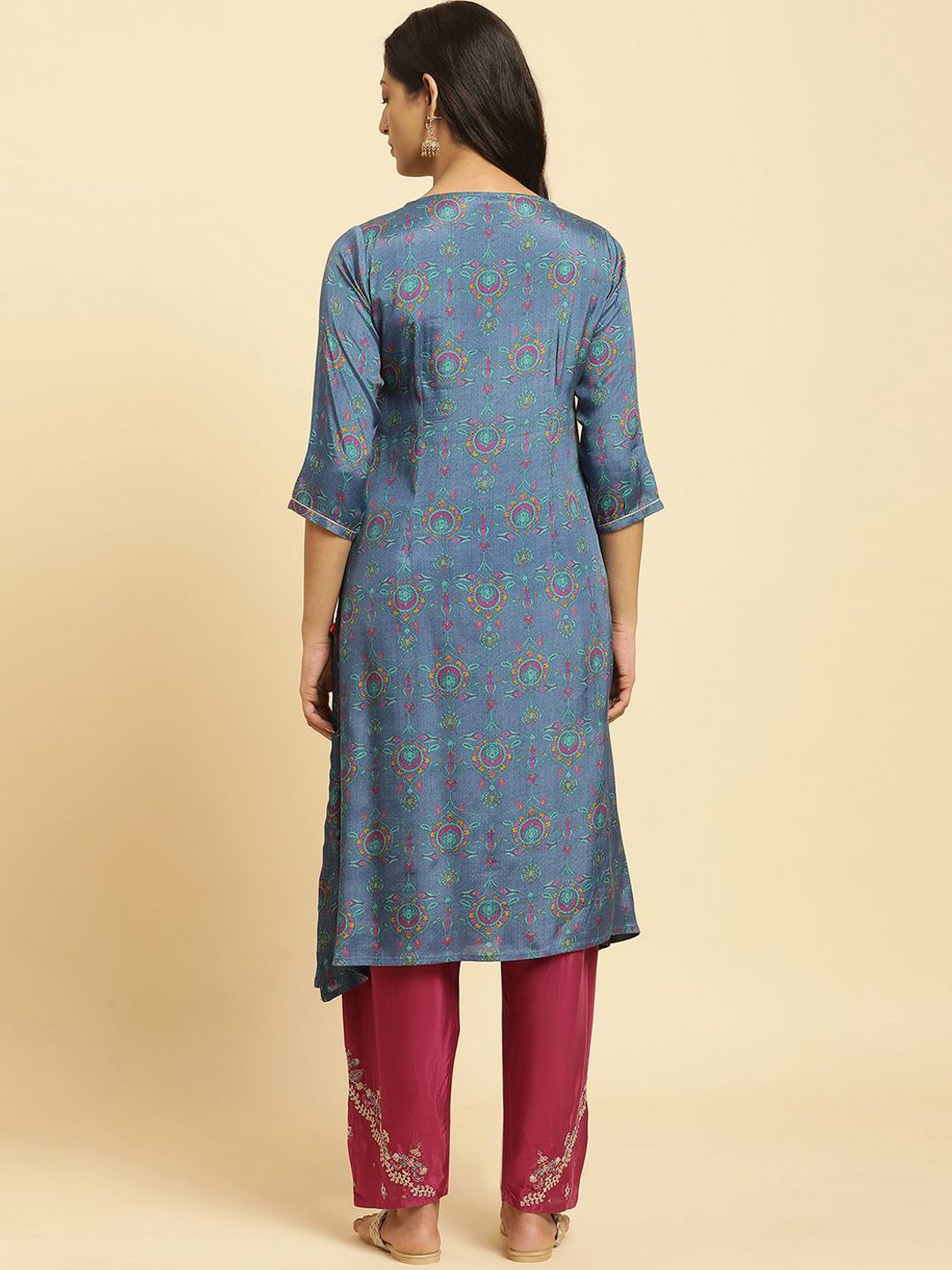 W Floral Printed Striped Keyhole Neck Straight Kurta