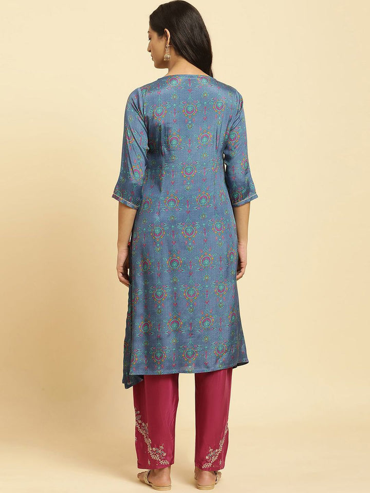 W Floral Printed Striped Keyhole Neck Straight Kurta