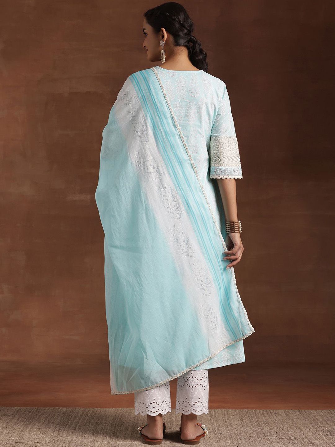 Libas Floral Printed Sequinned Pure Cotton Kurta with Trousers & Dupatta