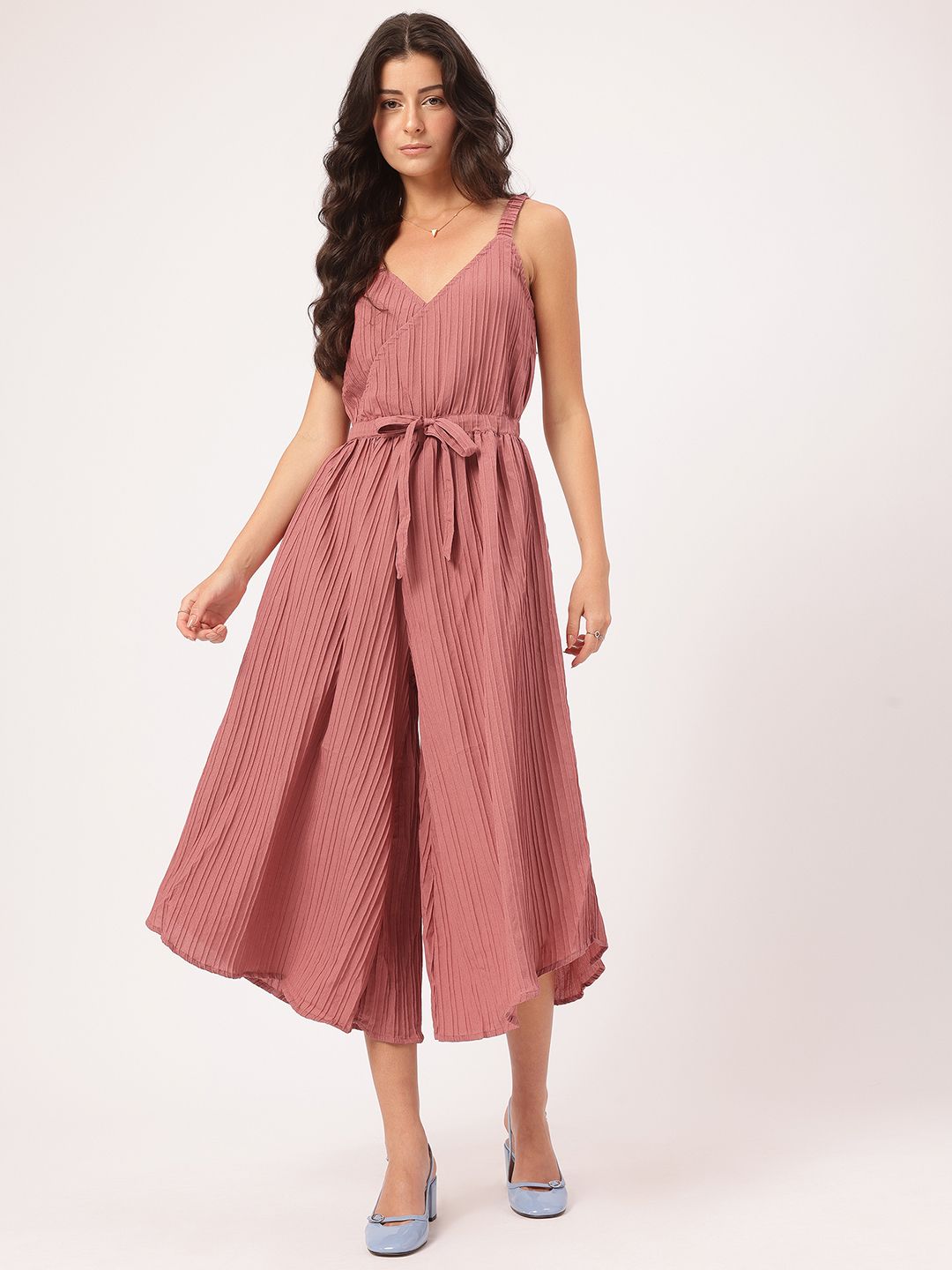 DressBerry Blush & Bold Shoulder Straps Accordion Pleated Crop Jumpsuit