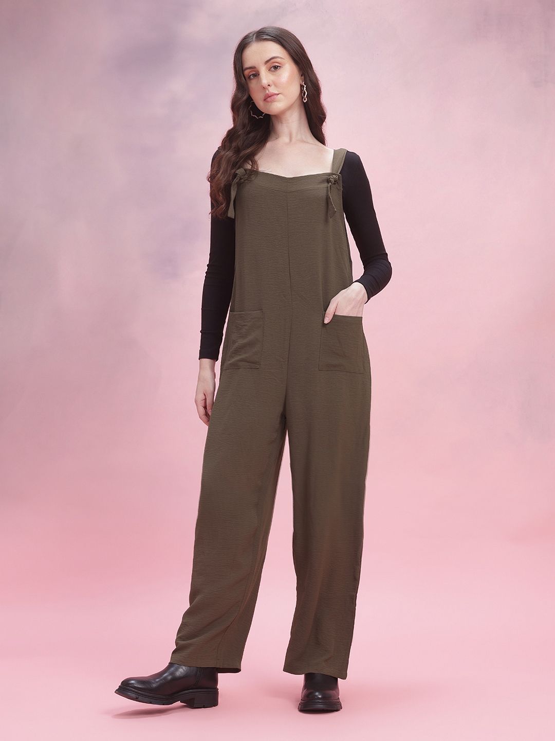 DressBerry Wrinkled Effect Tie-Up Detail Shoulder Straps Basic Jumpsuit