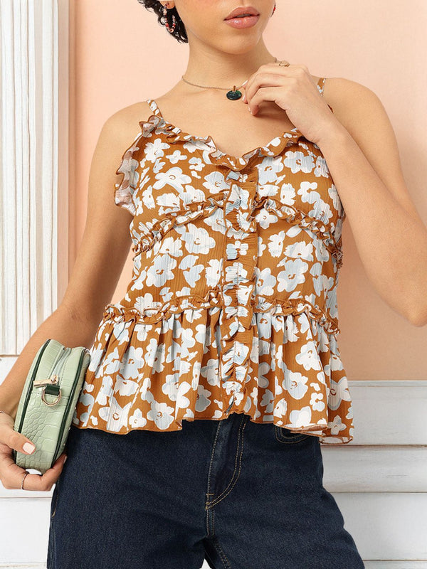 DressBerry Blooming Bold Strappy Floral Print Ruffled Top