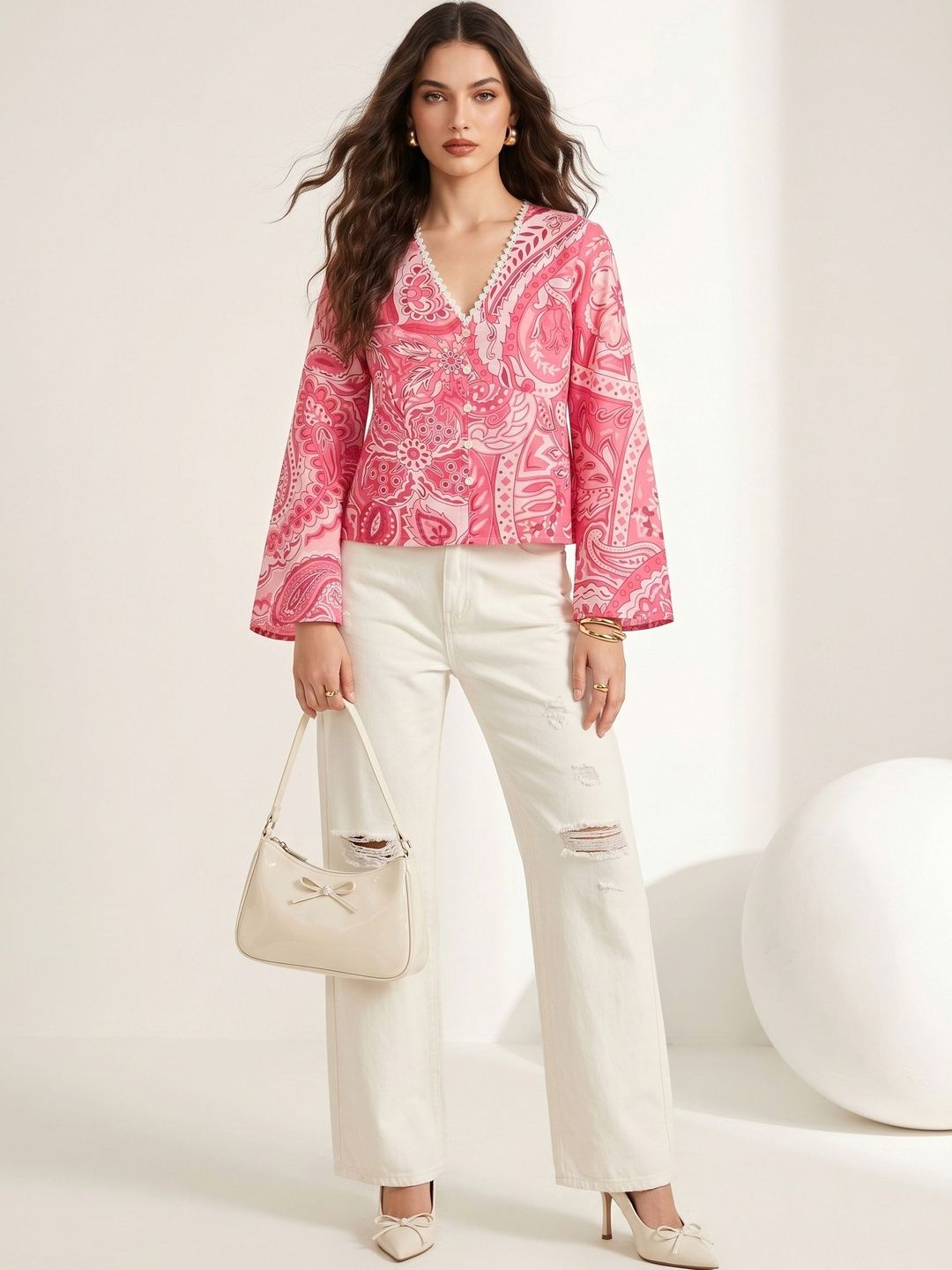Mamicha Print Flared Sleeve Bohemian Top