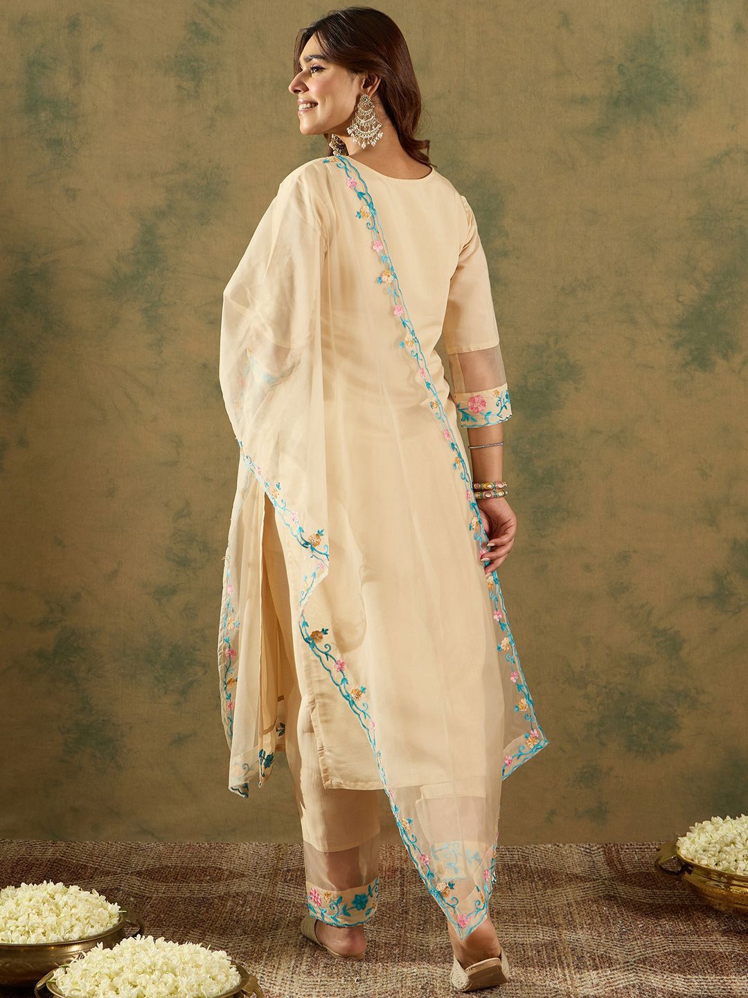 Indo Era Floral Embroidered Thread Work Kurta With Trousers & Dupatta
