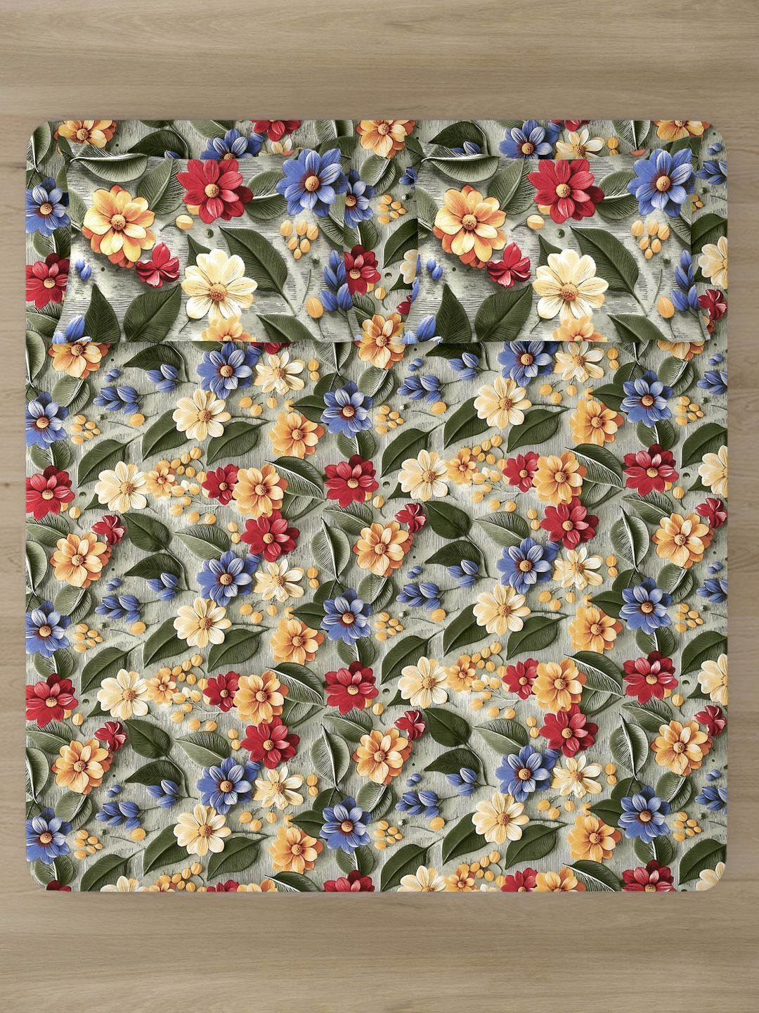 Myntra Elegant Green Floral Printed Fitted 300 TC King 7D Bedsheet with 2 Pillow Covers