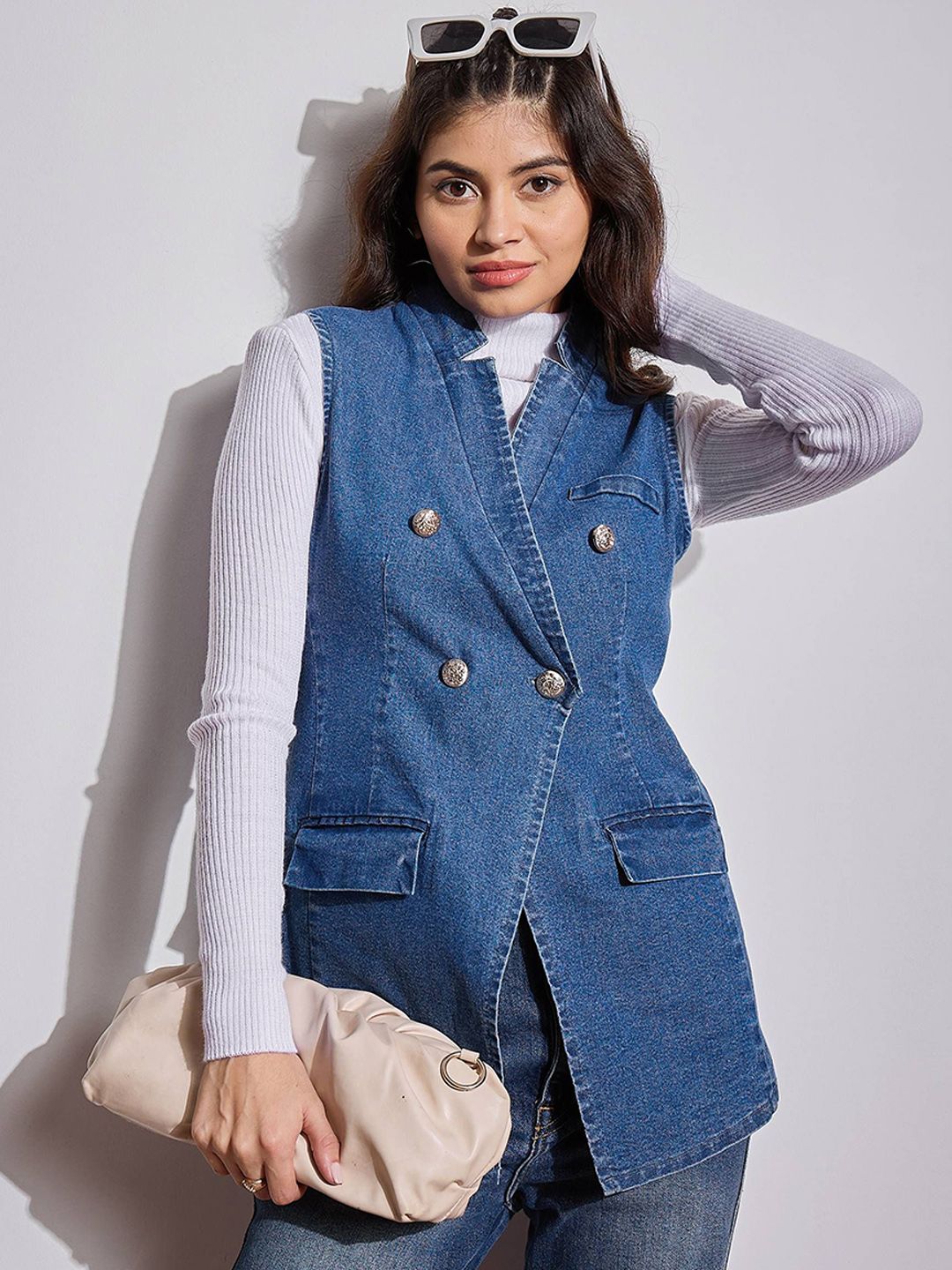 Sassafras wanita lapel collar dibasuh jaket denim kasual pepejal