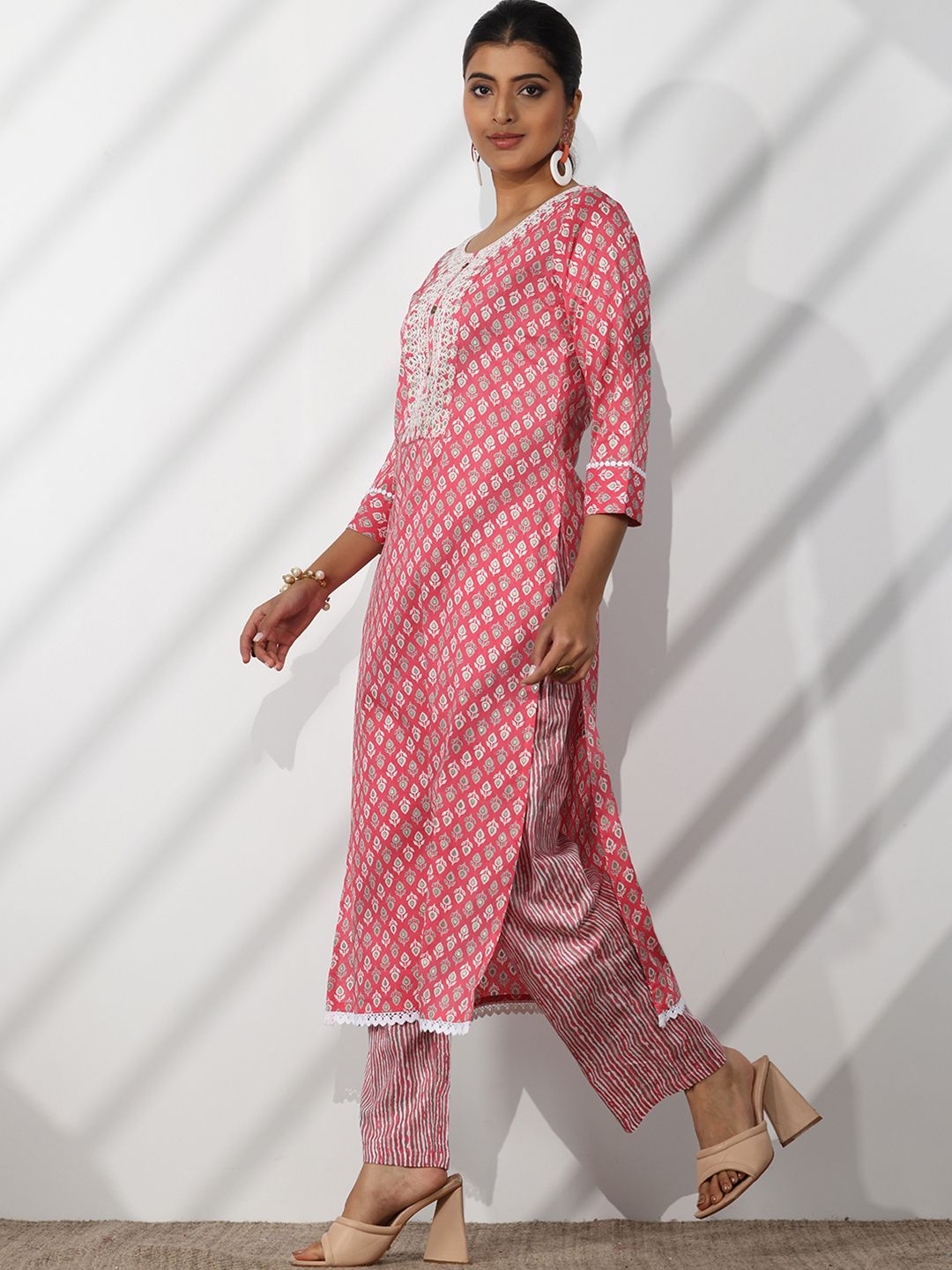 Libas Floral Printed Thread Work Pure Cotton Straight Kurta With Trousers & Dupatta
