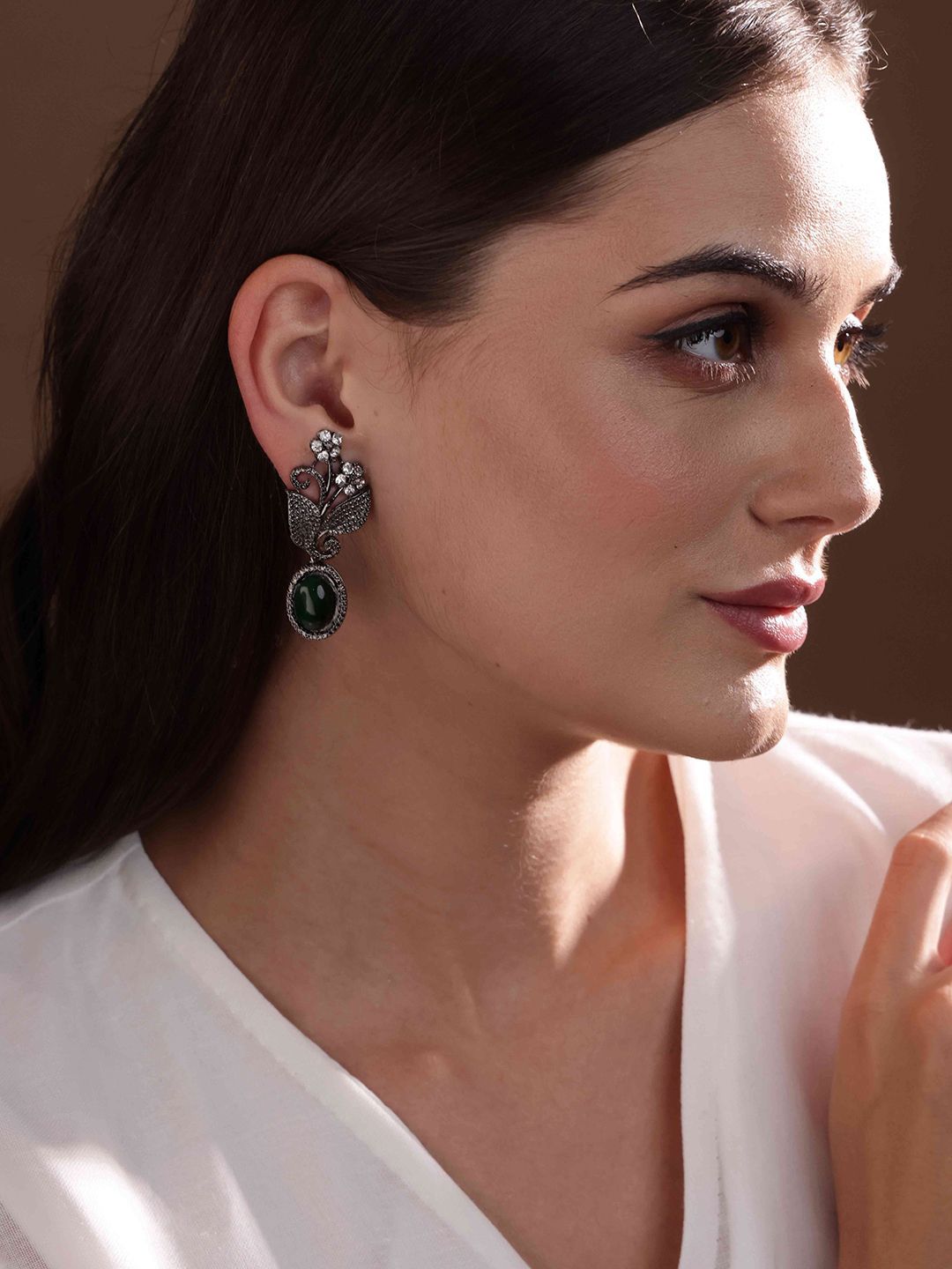 PANASH Silver-Plated Cubic Zirconia Studded Leaf Shaped Oxidised Drop Earrings