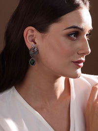 PANASH Silver-Plated Cubic Zirconia Studded Leaf Shaped Oxidised Drop Earrings