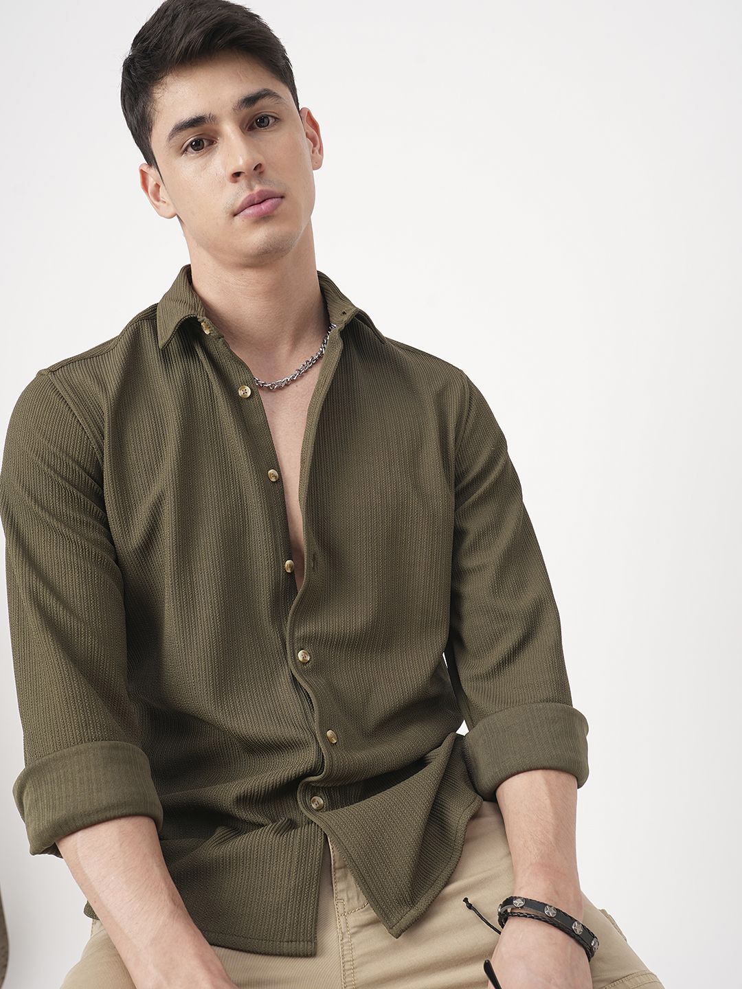 VASTRADO Men Olive Textured Shirt