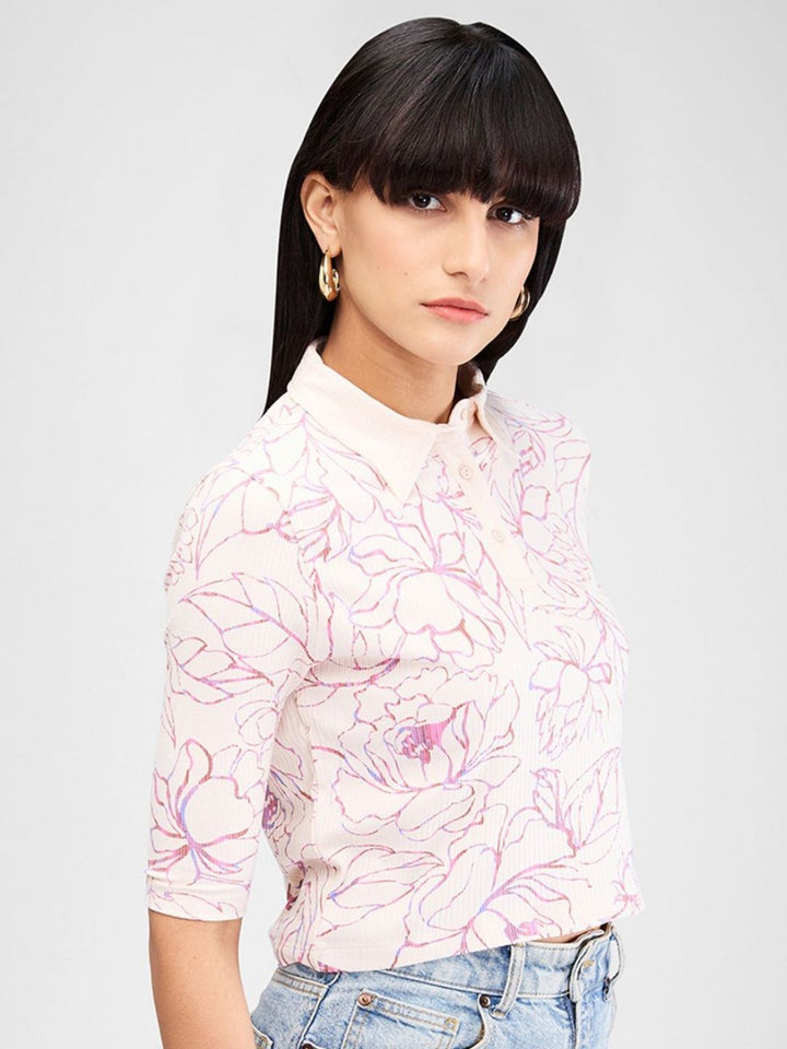 SPYKAR Women Floral Printed Polo Collar Tropical Slim Fit T-shirt