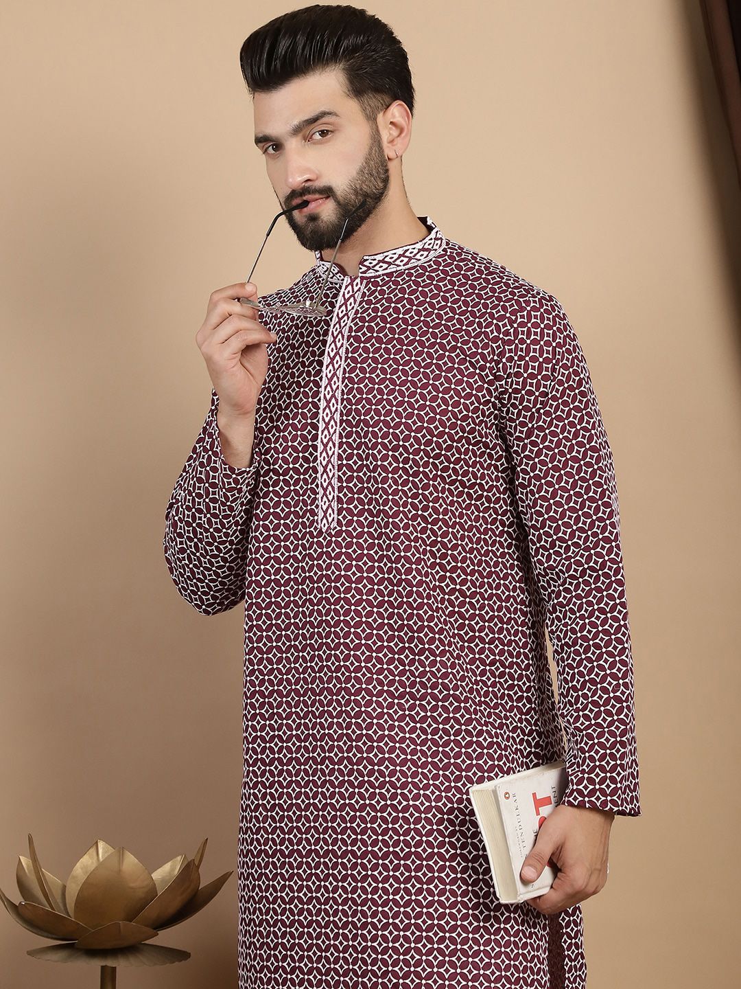 Anouk Embroidered Thread Work Cotton Mandarin Collar Straight Kurta with Churidar