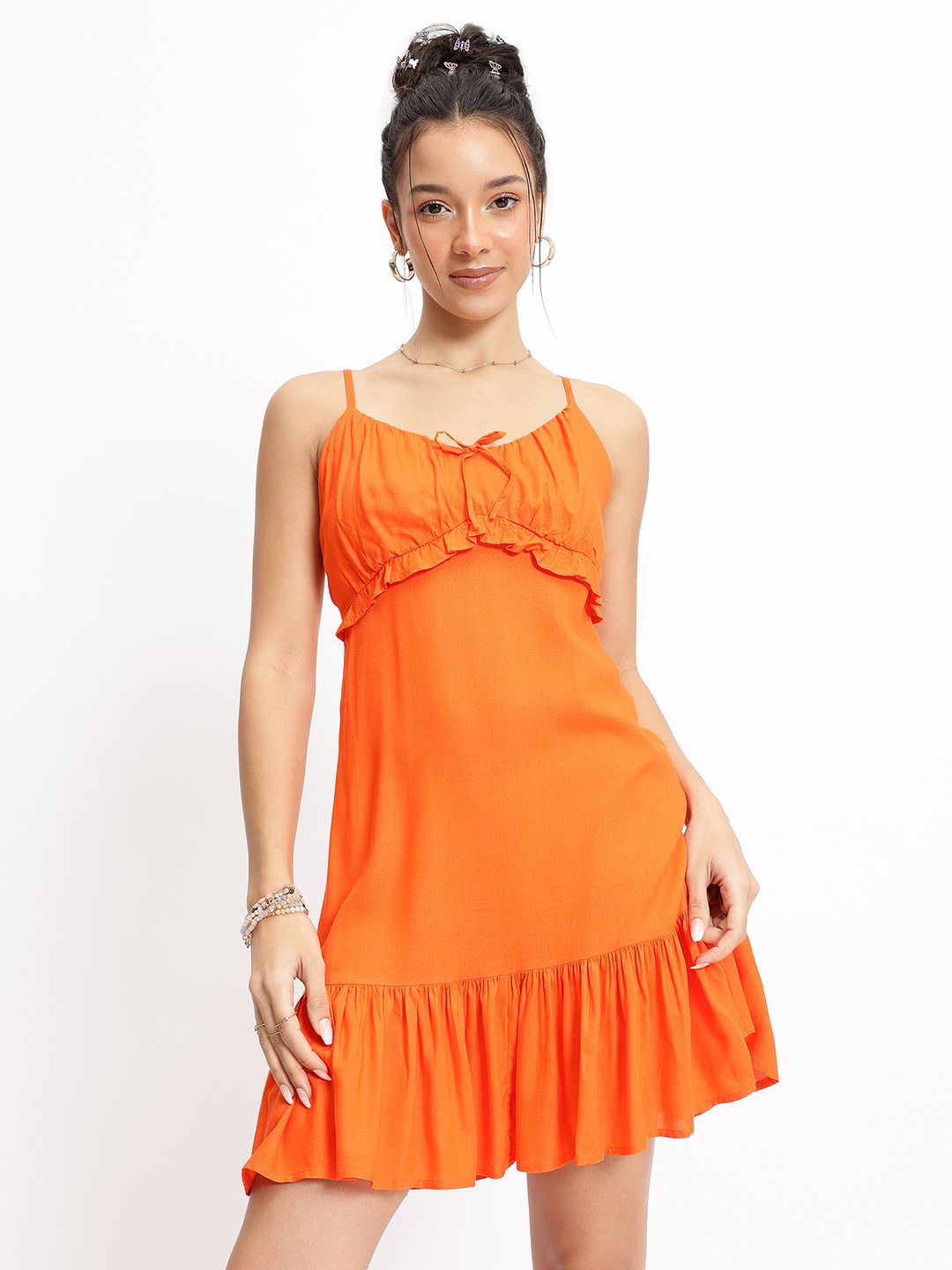 DressBerry Tangerine Sway Ruffles Empire Mini Dress