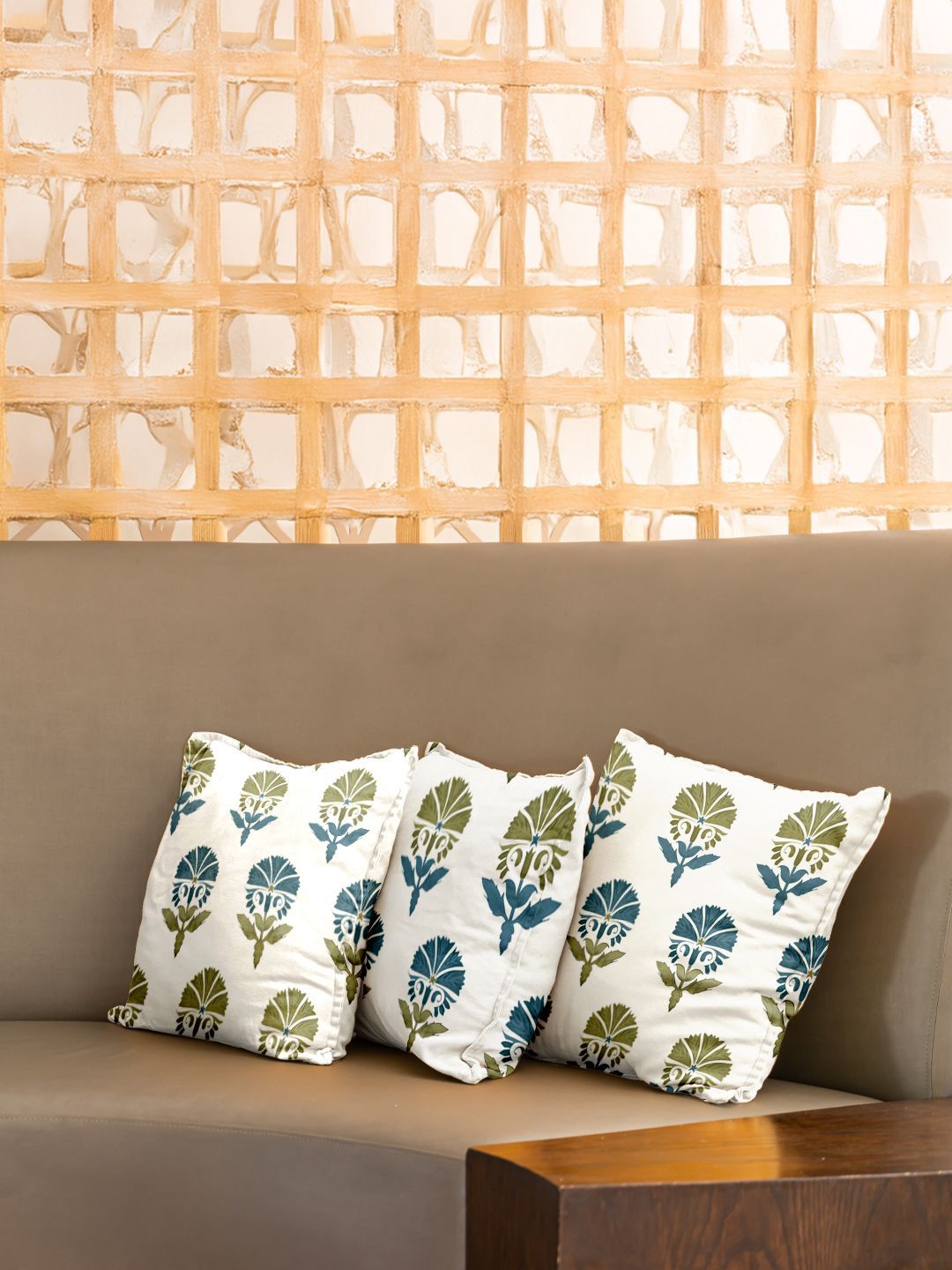 URBAN SPACE Blue & White 3 Pieces Floral Printed Cotton Square Cushion Covers