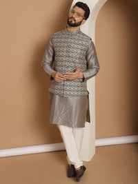 Motif Etnik Kelabu Anouk Rekaan Tenun Kurta Lurus Dengan Jaket Churidar & Nehru