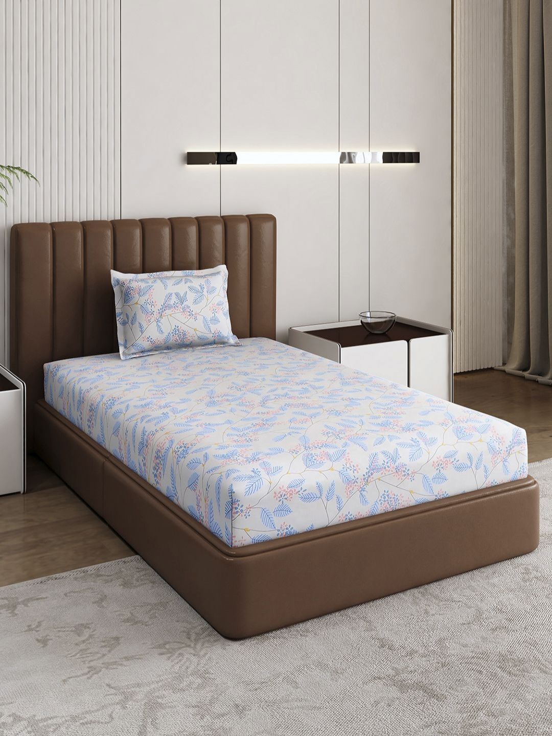 Monte Carlo Pixel Blue & White Floral Printed 120 TC Single Bedsheet Set 1.52 m x 2.30 m