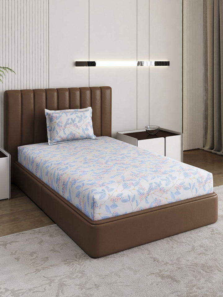 Monte Carlo Pixel Blue & White Floral Printed 120 TC Single Bedsheet Set 1.52 m x 2.30 m