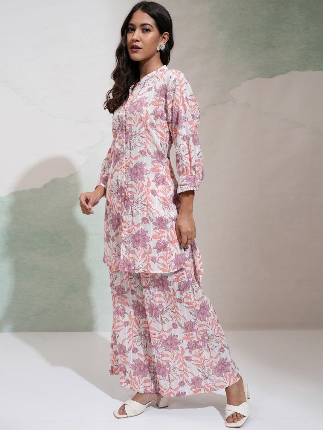 Vishudh Floral Printed Mandarin Collar Tunic With Palazzos