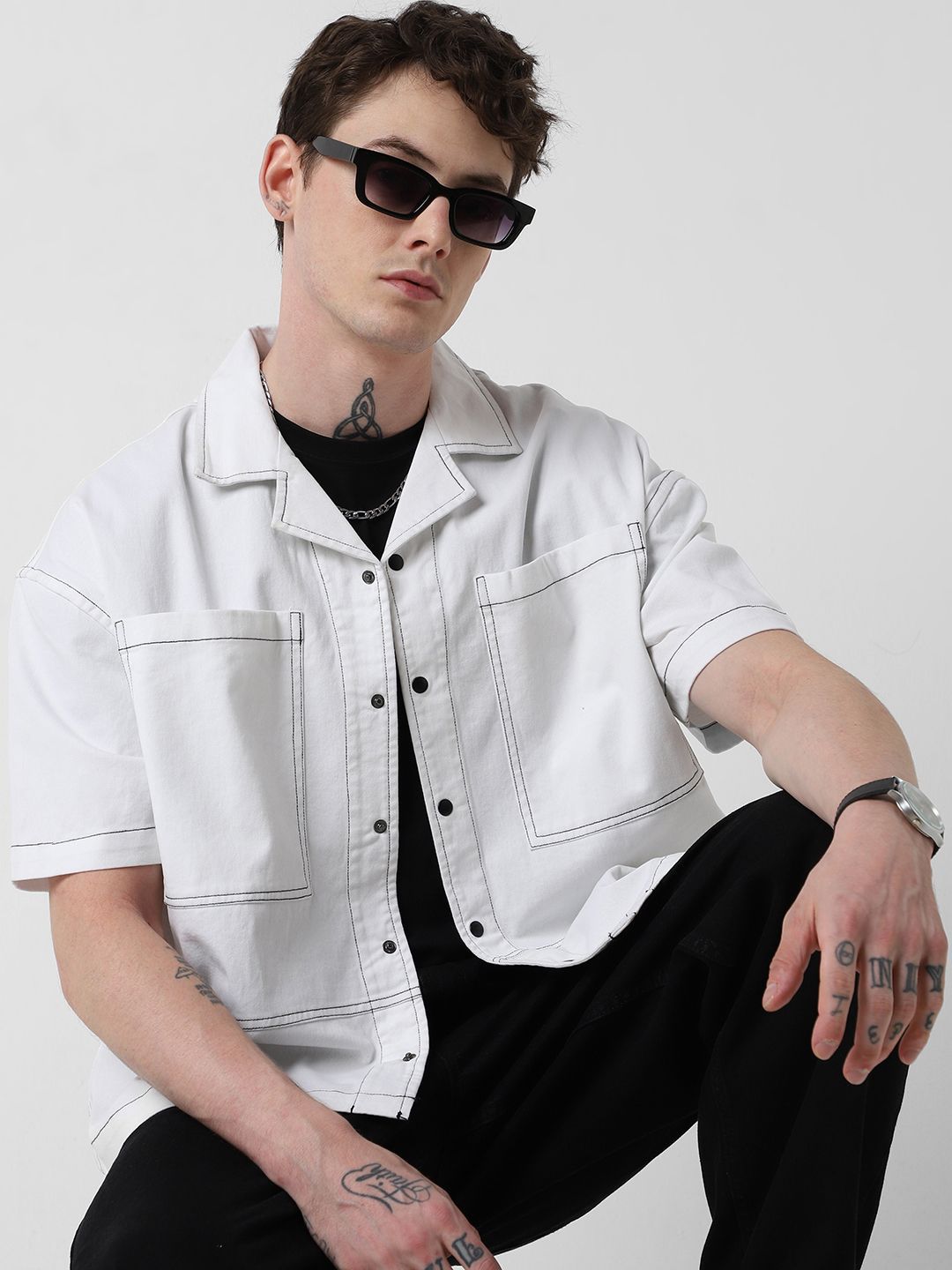 VASTRADO Men Classic Cuban Collar Solid Cotton Oversized Casual Shirt