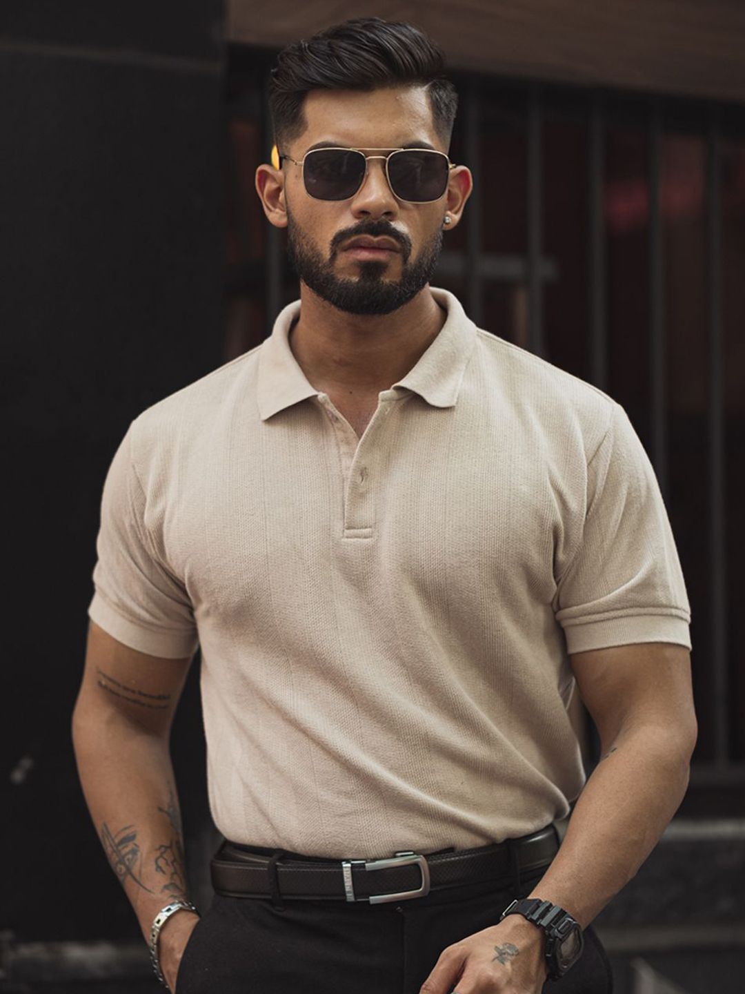 Powerlook Men Self Design Polo Collar Cotton T-shirt