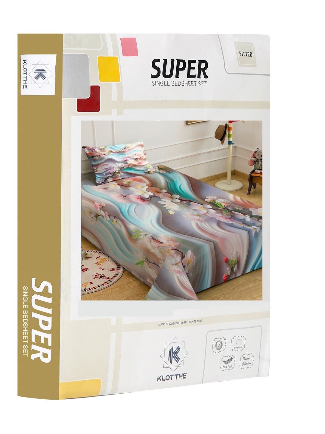 KLOTTHE Multicoloured Floral Fitted 400 TC Single 7D Bedsheet with 1 Pillow Covers