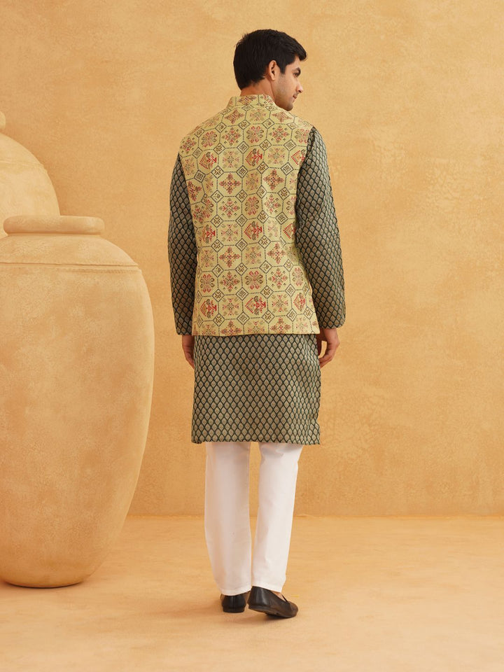 SOJANYA Ethnic Motifs Printed Mandarin Collar Kurta With Churidar And Nehru Jacket