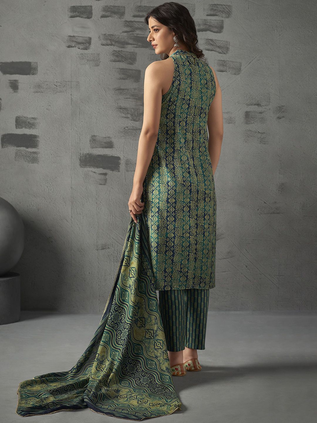 Anouk Blue Floral Printed Halter Neck Straight Kurta with Trousers & Dupatta