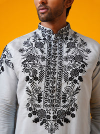 SOJANYA LUXE Floral Embroidered Mandarin Collar Straight Kurta With Trouser