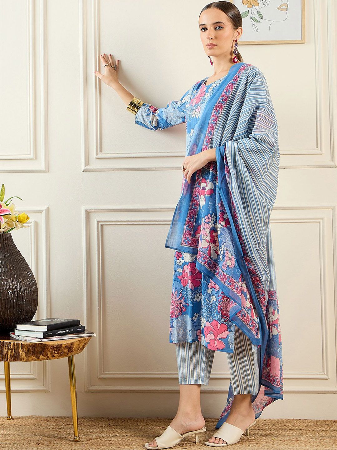 Indo Era Floral Printed Pure Cotton Kurta With Trousers & Dupatta