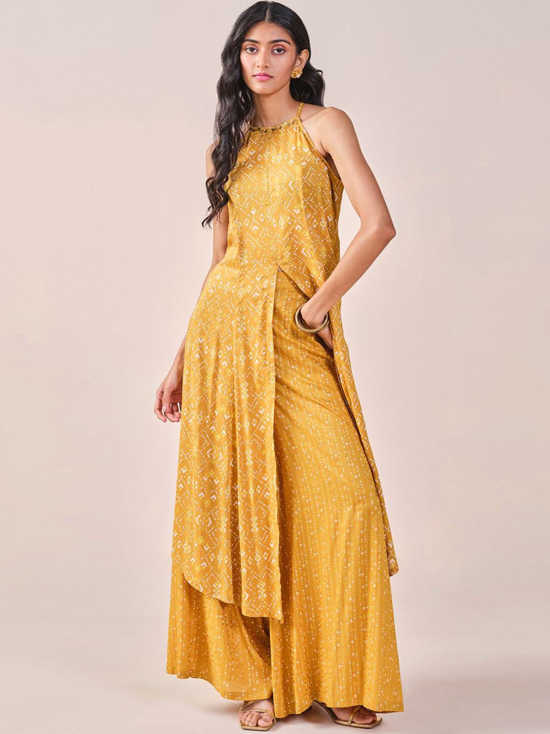 Global Desi Floral Printed Halter Neck Kurta with Palazzos