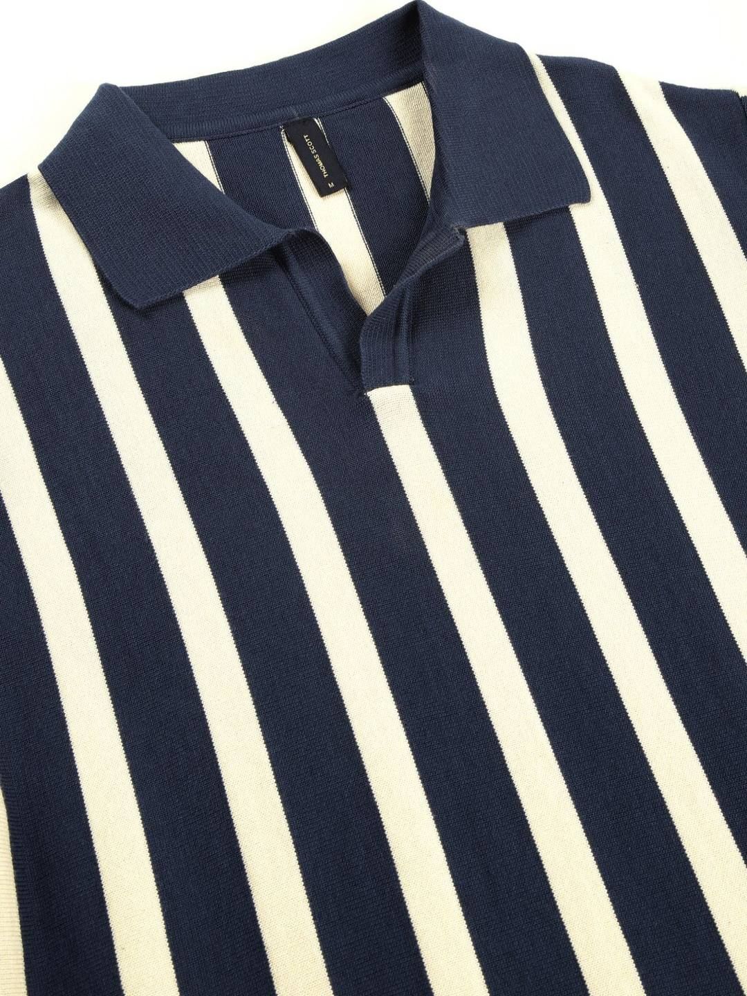 Thomas Scott Men Bio Finish Striped Polo Collar Cotton T-shirt