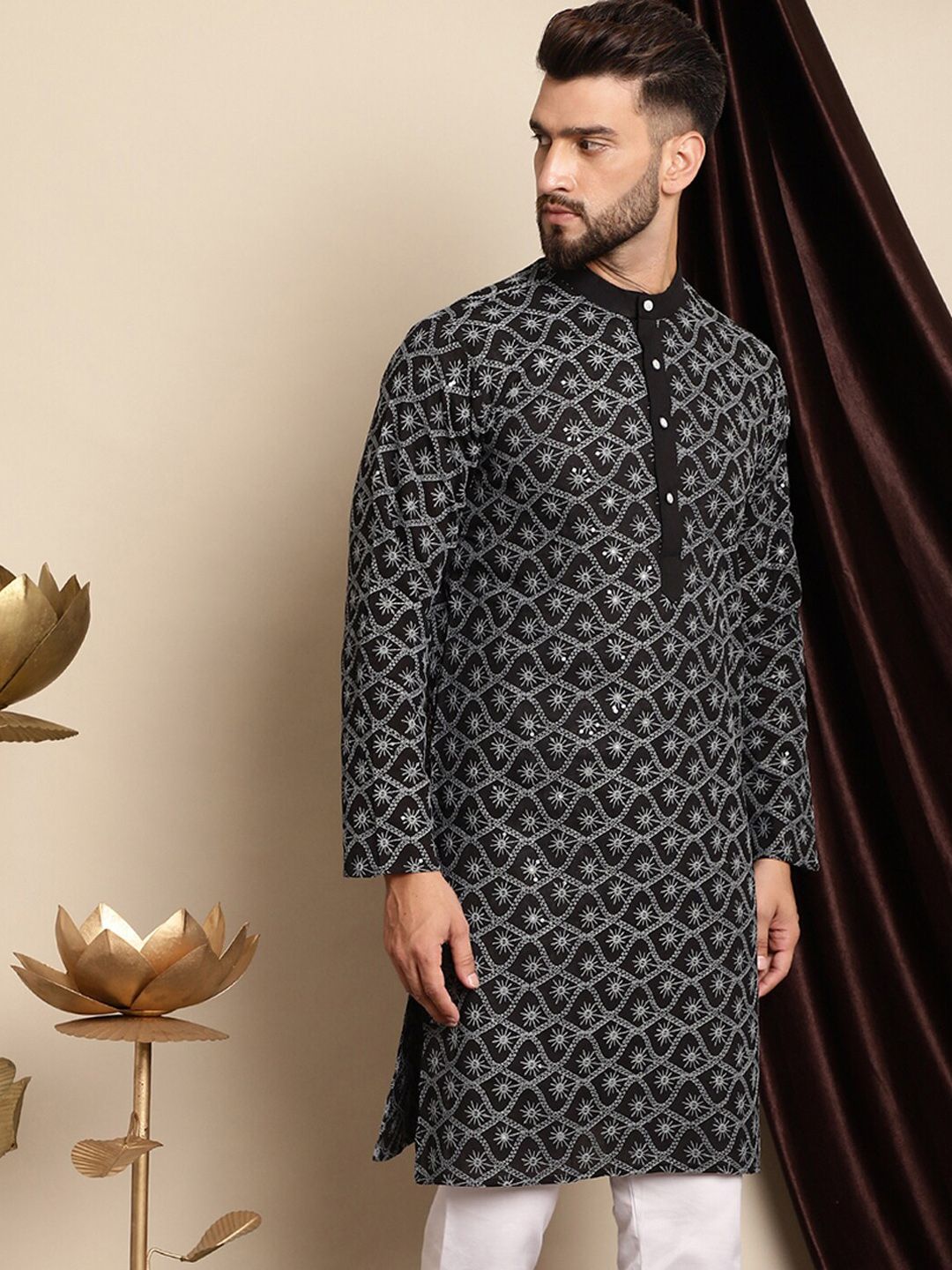 Anouk Ethnic Motifs Embroidered Band Collar Cotton Regular Kurta