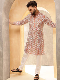 Anouk Peach & White Band Collar Floral Sulam Kurta Lurus