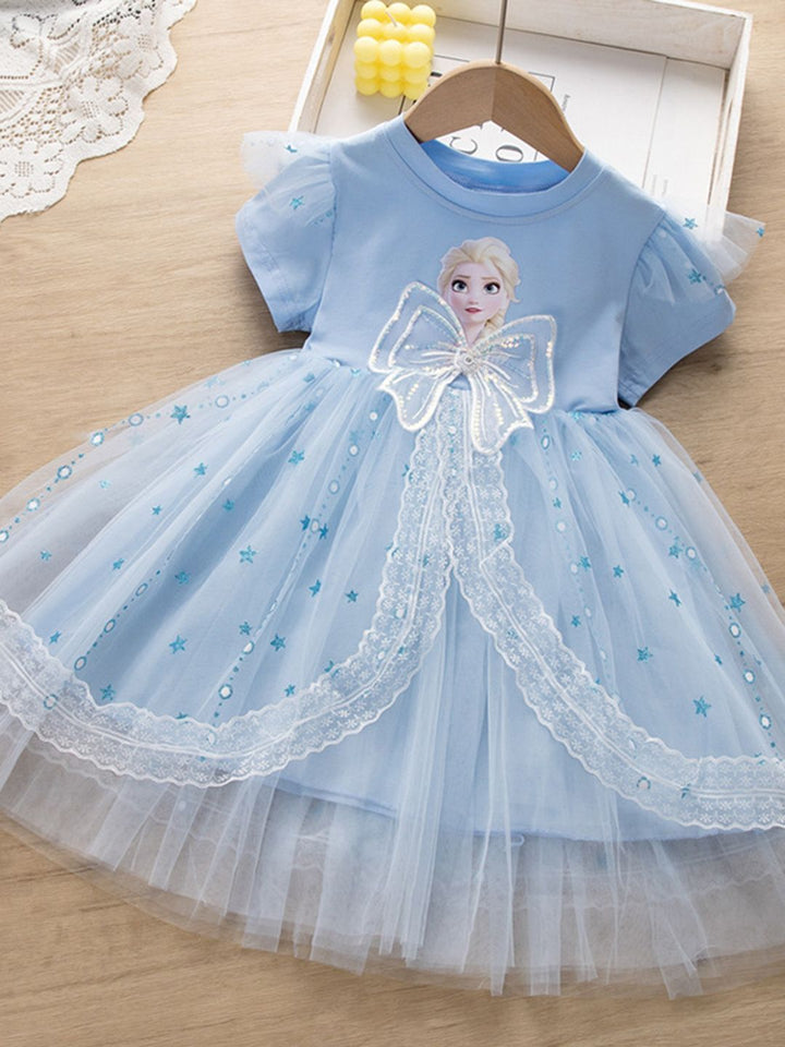YK Girls Rapunzel Bercetak Pakaian Sisipan Renda