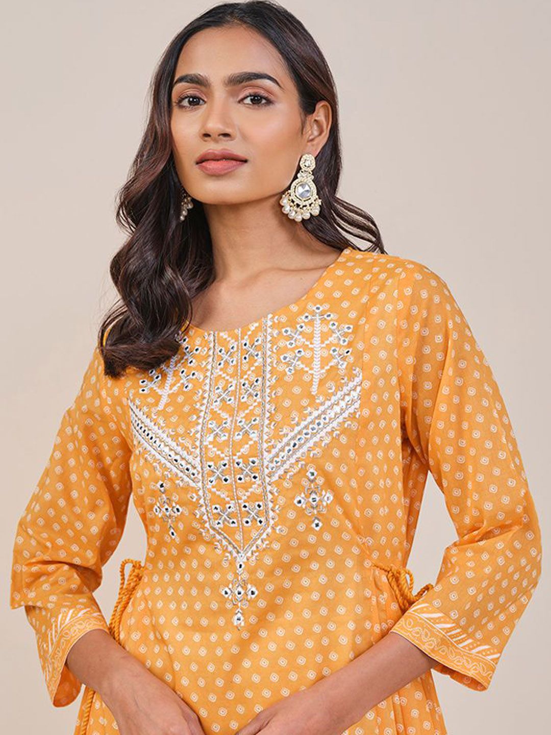 Global Desi Geometric Printed Thread Work Pure Cotton Anarkali Kurta