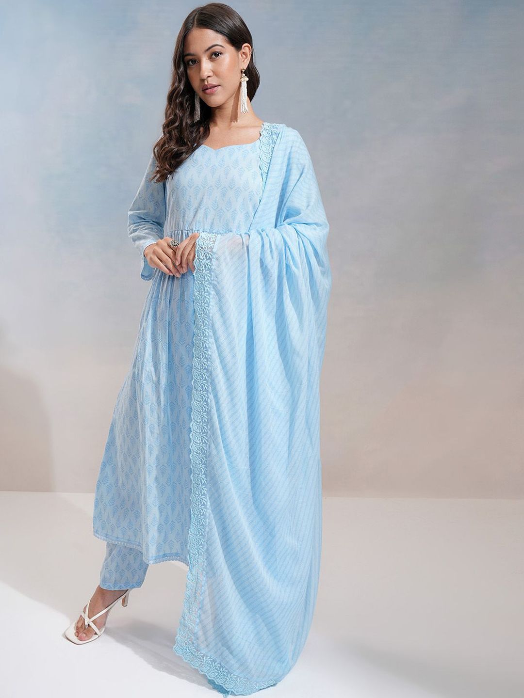 Vishudh Ethnic Motifs Printed Regular Pure Cotton Anarkali Kurta with Trousers & Dupatta