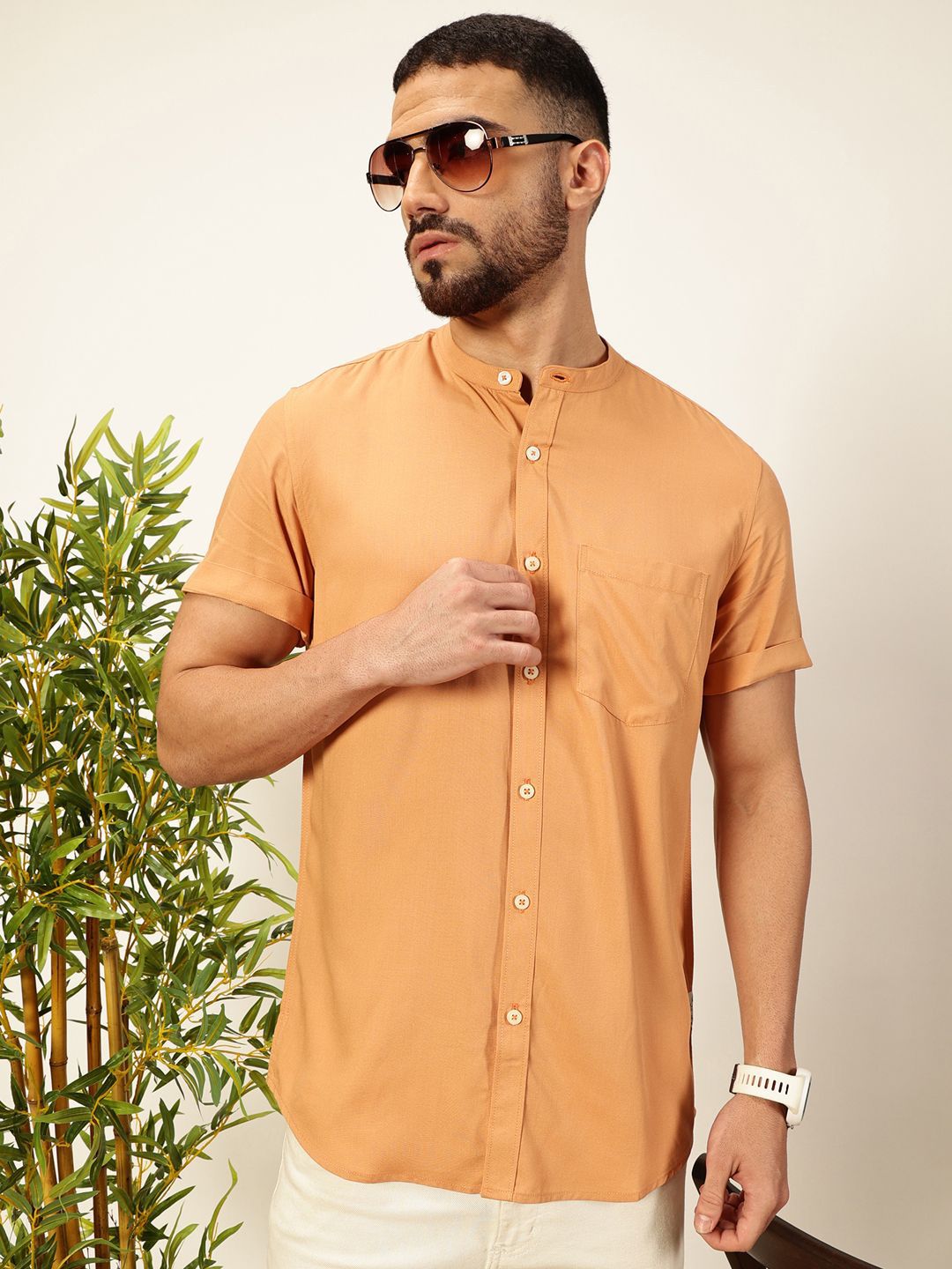 Thomas Scott Men Premium Solid Mandarin Collar Casual Shirt