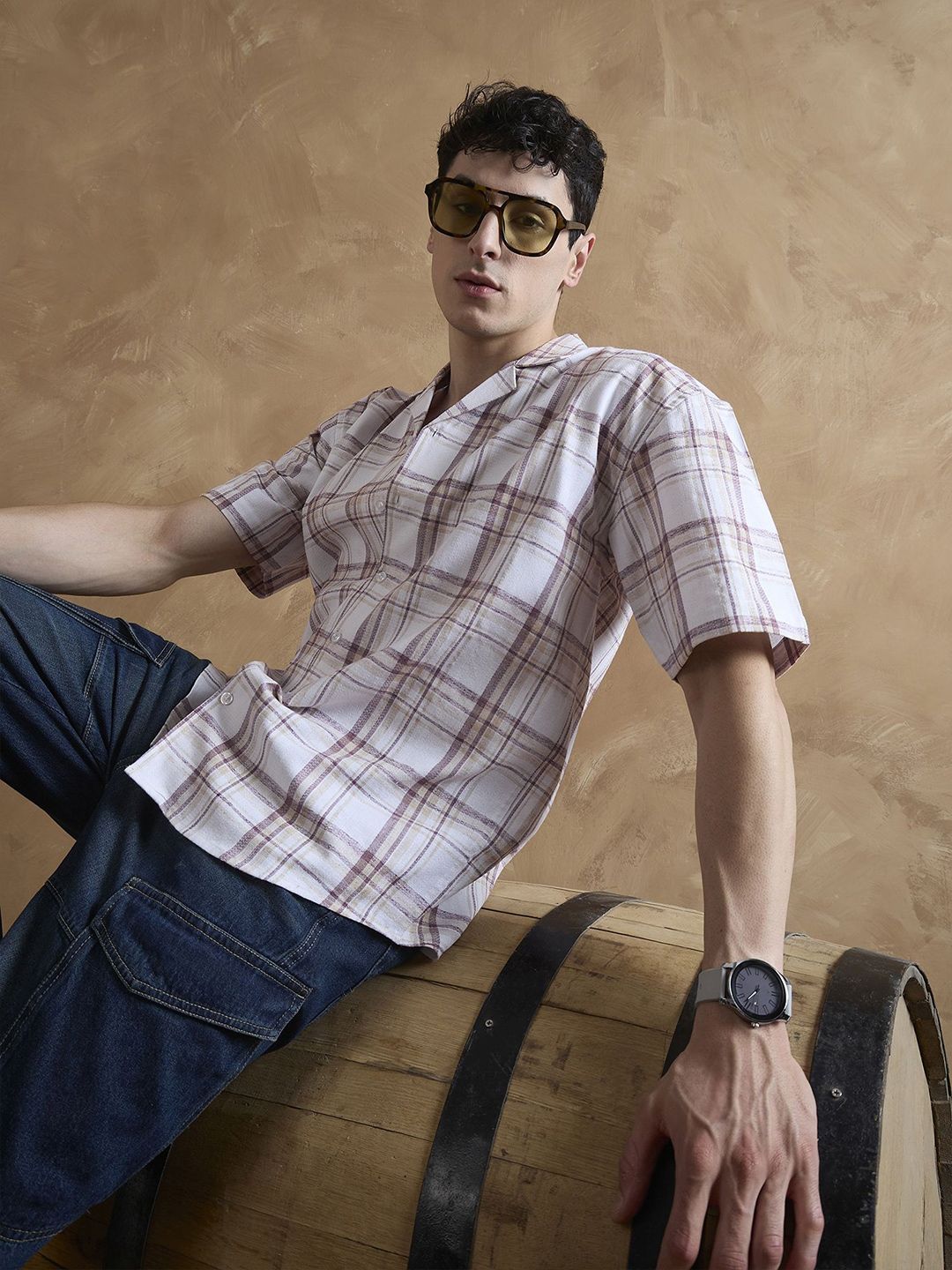 DENNISON Men Beige and Maroon Tartan Checks Shirt