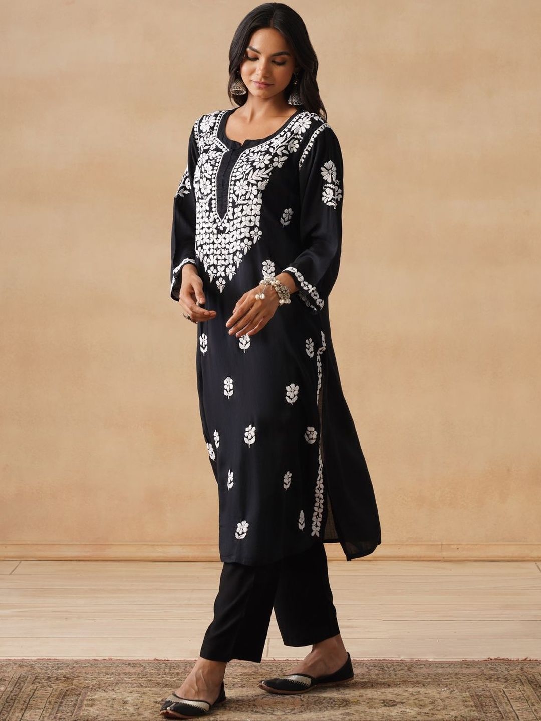 House of Chikankari Women Solid Black Modal Kurta