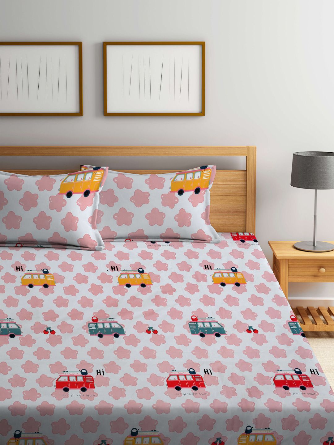 Myntra Elegant Homes Pink & White Printed 300 TC Fitted King Bedsheet Set 2.5m x 2.25m