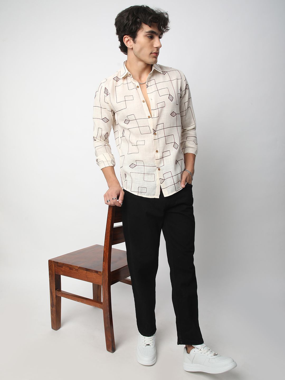 VASTRADO Men Classic Spread Collar Textured Cotton Slim Fit Casual Shirt