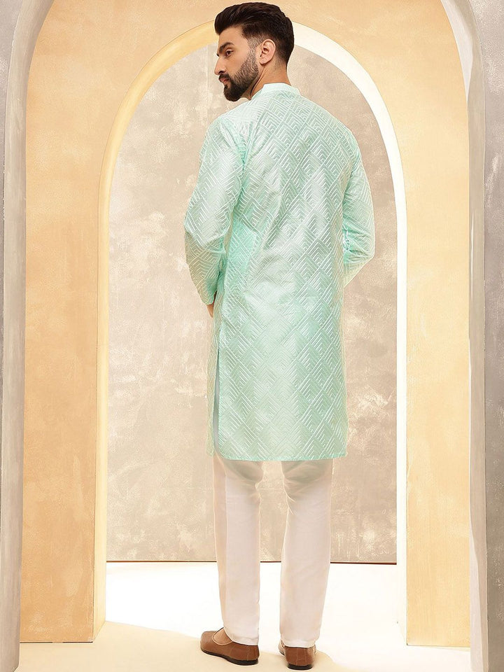 Anouk Sea Green & White Band Collar Geometric Embroidered Straight Kurta