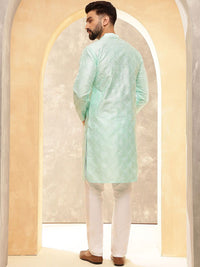 Anouk Sea Green & White Band Collar Geometric Embroidered Straight Kurta