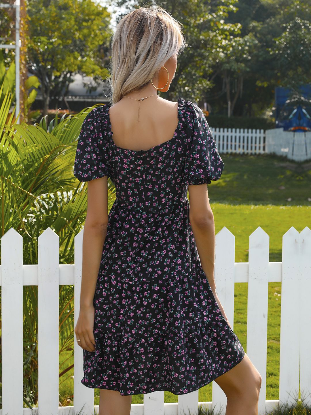 DressBerry Floral Print Puff Sleeve A-Line Tiered Dress